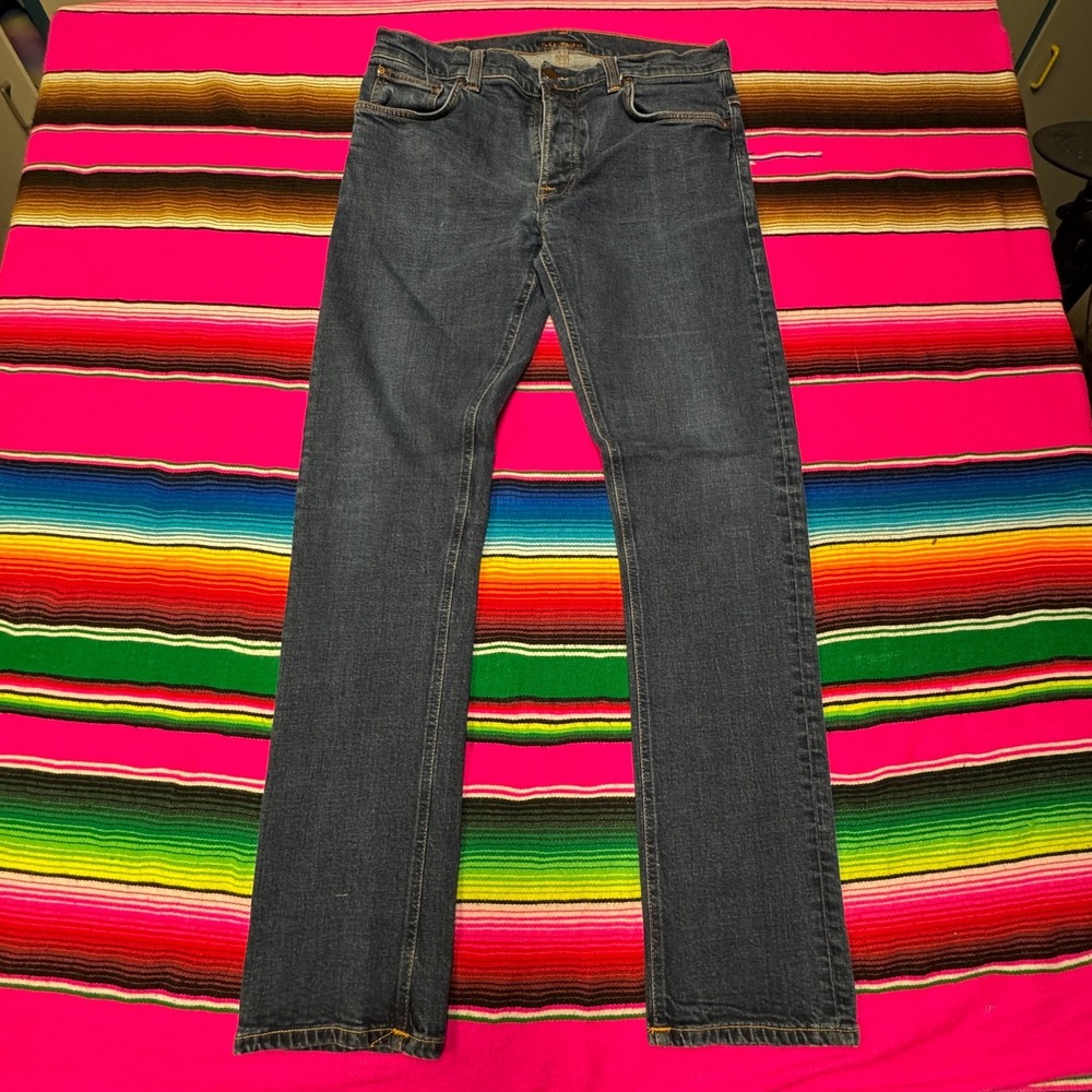 Nudie Jeans Men Tag 36x34 Fit: 32x32 Dude Dan Comfort Dark Blue Button Fly Italy